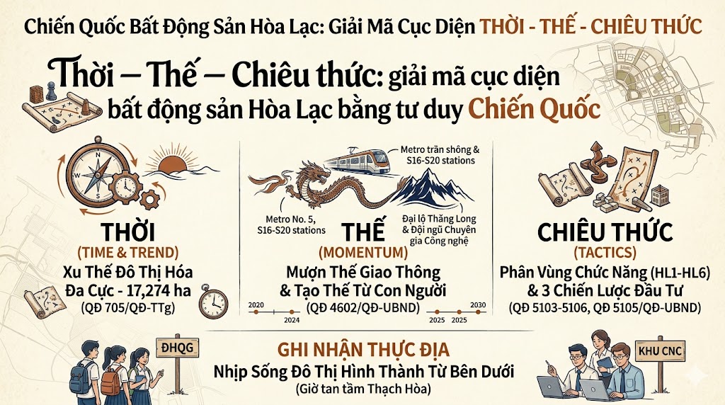 Infographic Thời — Thế — Chiêu Thức: khung phân tích cục diện bất động sản Hòa Lạc